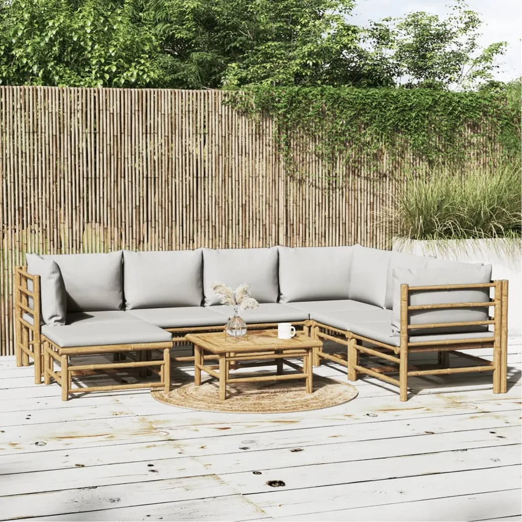 Set salotto da giardino 8pz con cuscini grigio chiaro bambù