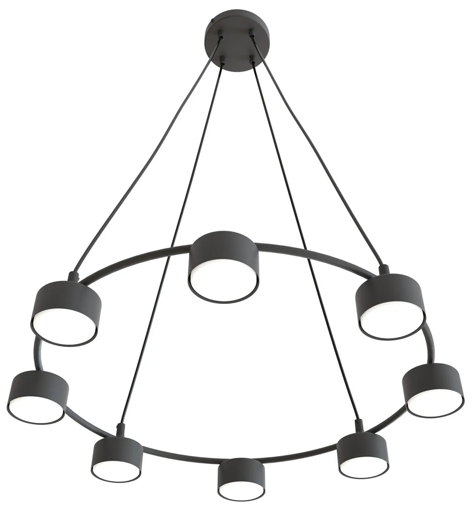 Lampadario Moderno 8 Luci Odin In Acciaio Nero Ad Anello E Cilindri