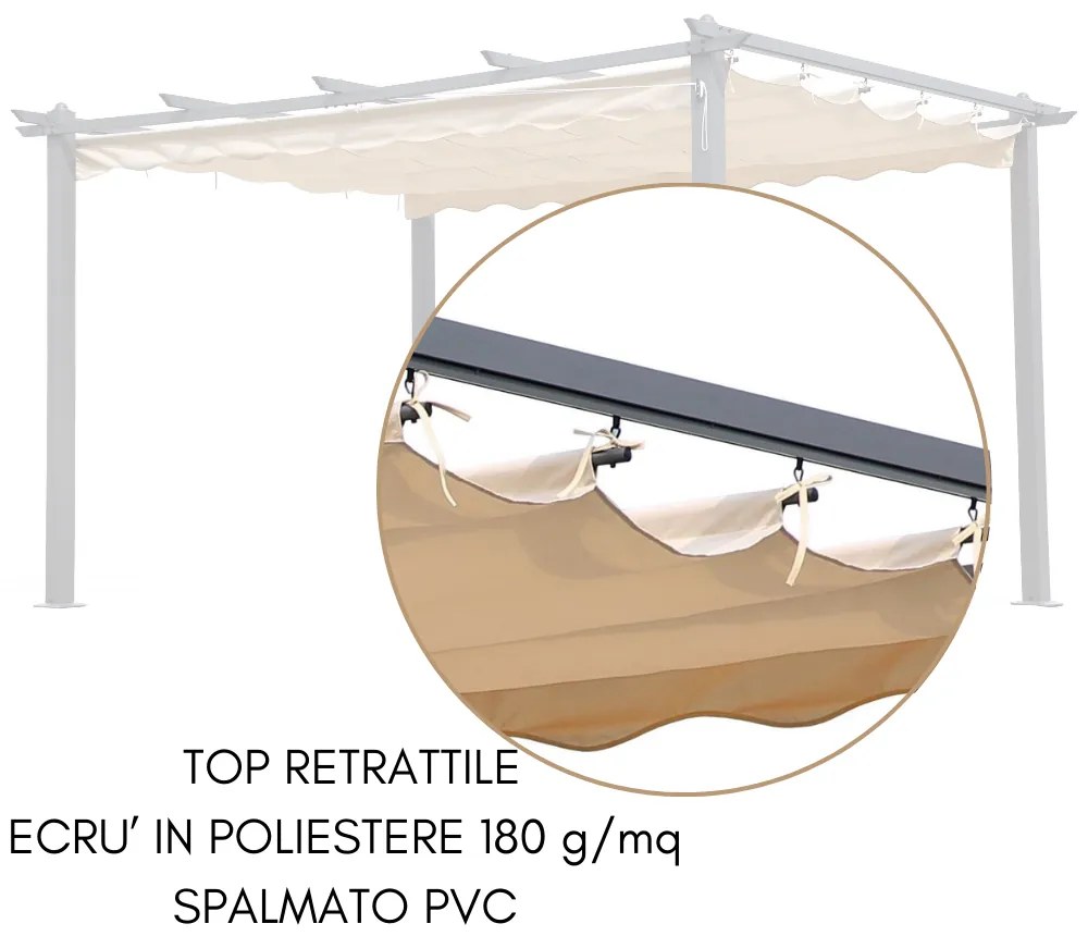 Pergola da Giardino 3x4 Telo in Poliestere Retrattile Écru 180 g/mq, Struttura in Acciaio per Esterno