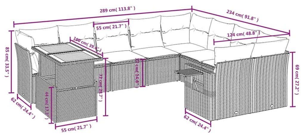 Set Divani da Giardino 10pz con Cuscini in Polyrattan Nero