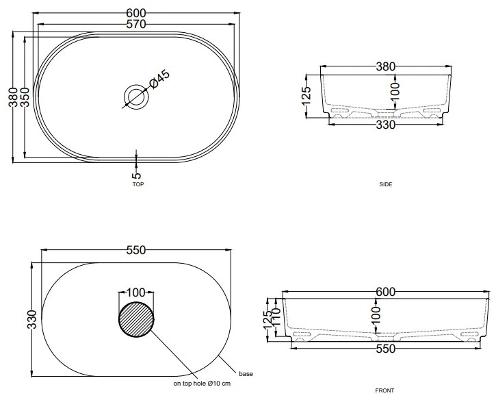 Cielo Shui Comfort lavabo da appoggio 60x38 ovale senza troppopieno lavagna