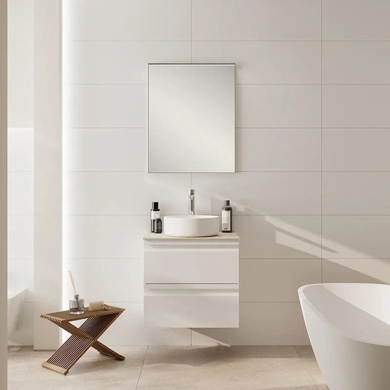 Mobile Pull L60 H55 P45 bianco opaco laccato 2 cassetti a chiusura ammortizzata e top gres bianco Creta per lavabo in appoggio, piedini non inclusi