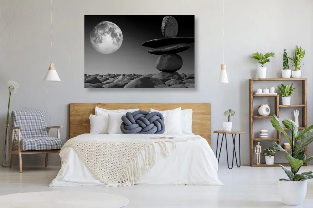 Quadro su tela – Pietre impilate alla luce della luna in bianco e nero