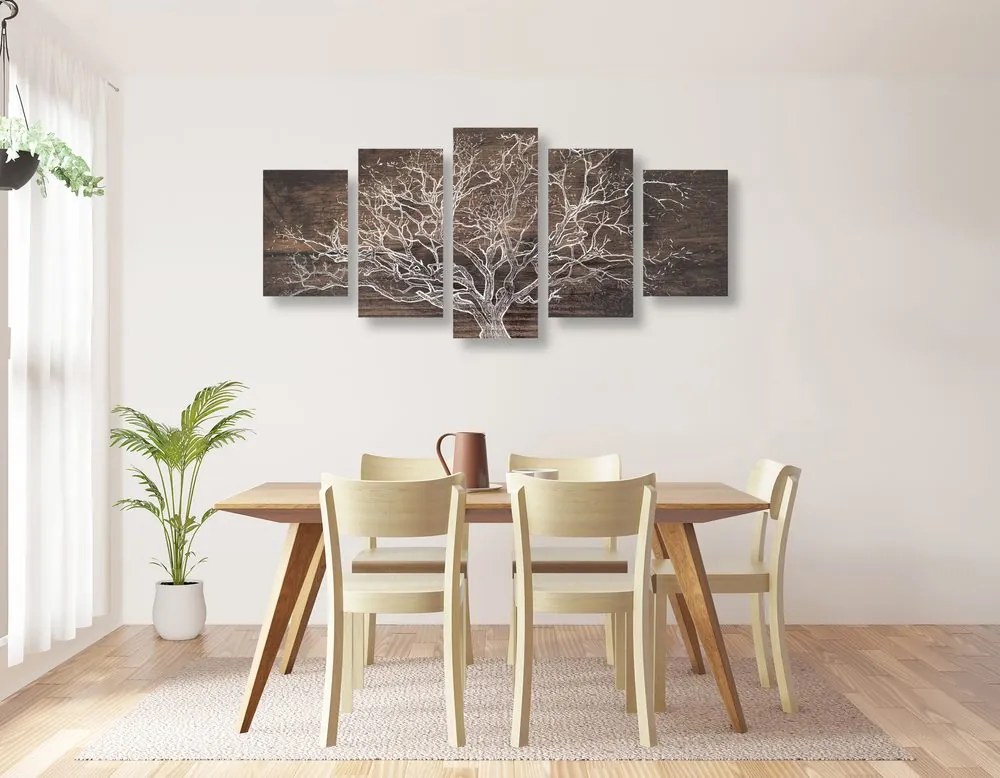 Quadri 5 pezzi – Corona dell'albero su sfondo di legno