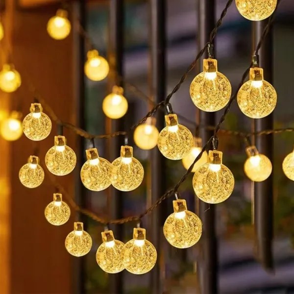 Catena luminosa solare a LED, 50 LED, 8 funzioni, 500 mAh, 9,5 m, IP67, bianco caldo