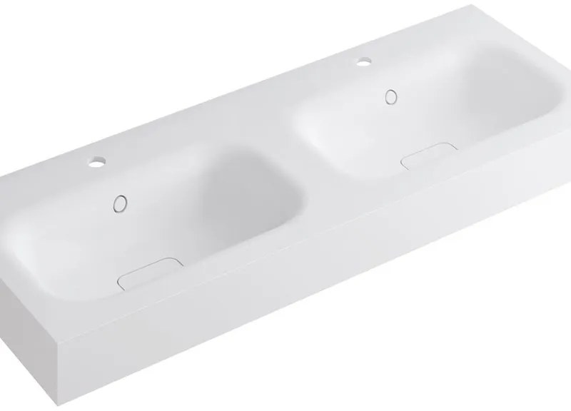 Lavabo integrale rettangolare doppia vasca L 120.5 x H 15 x P 46 cm in resina bianco lucido