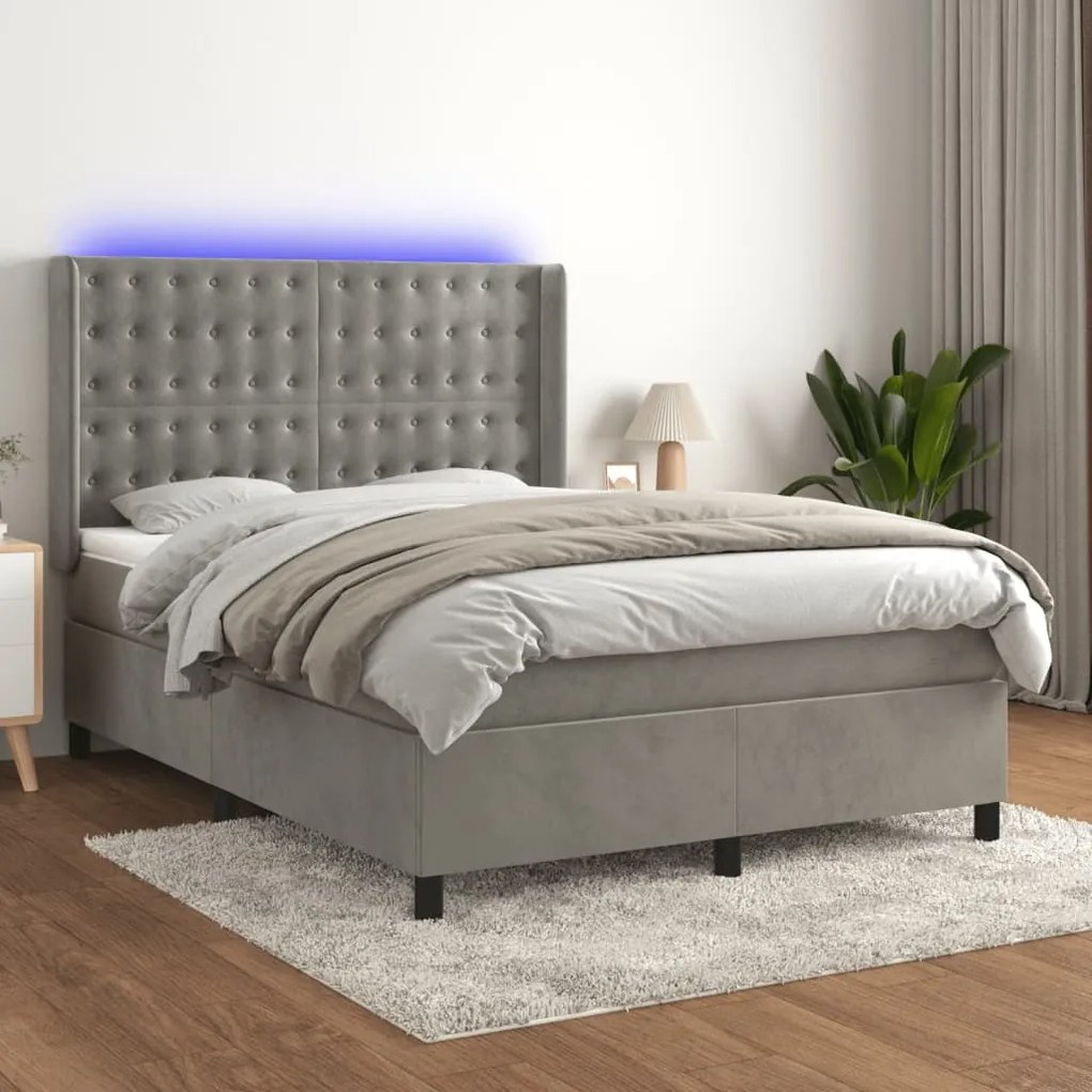 Letto a molle materasso e led grigio chiaro 140x190 cm velluto