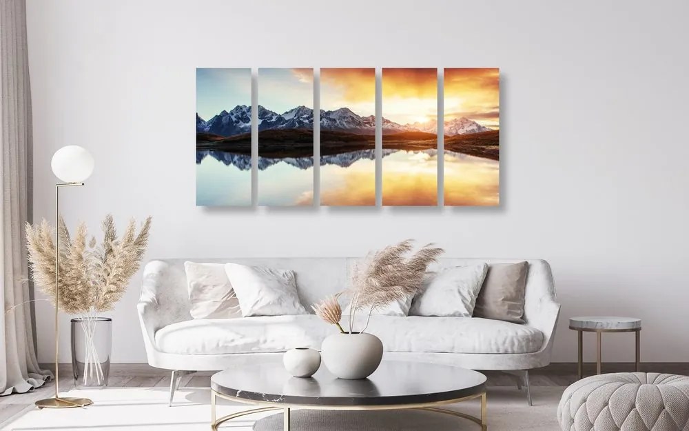 Quadri 5 pezzi – Tramonto abbagliante sul lago di montagna