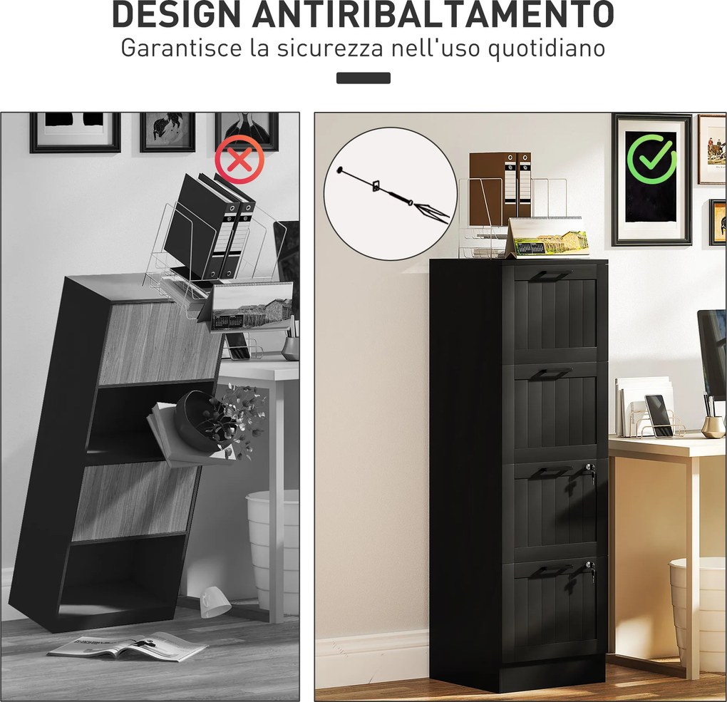 Cassettiera Portadocumenti a 4 Cassetti 40x40x131 cm 2 Serrature in Legno Nero...