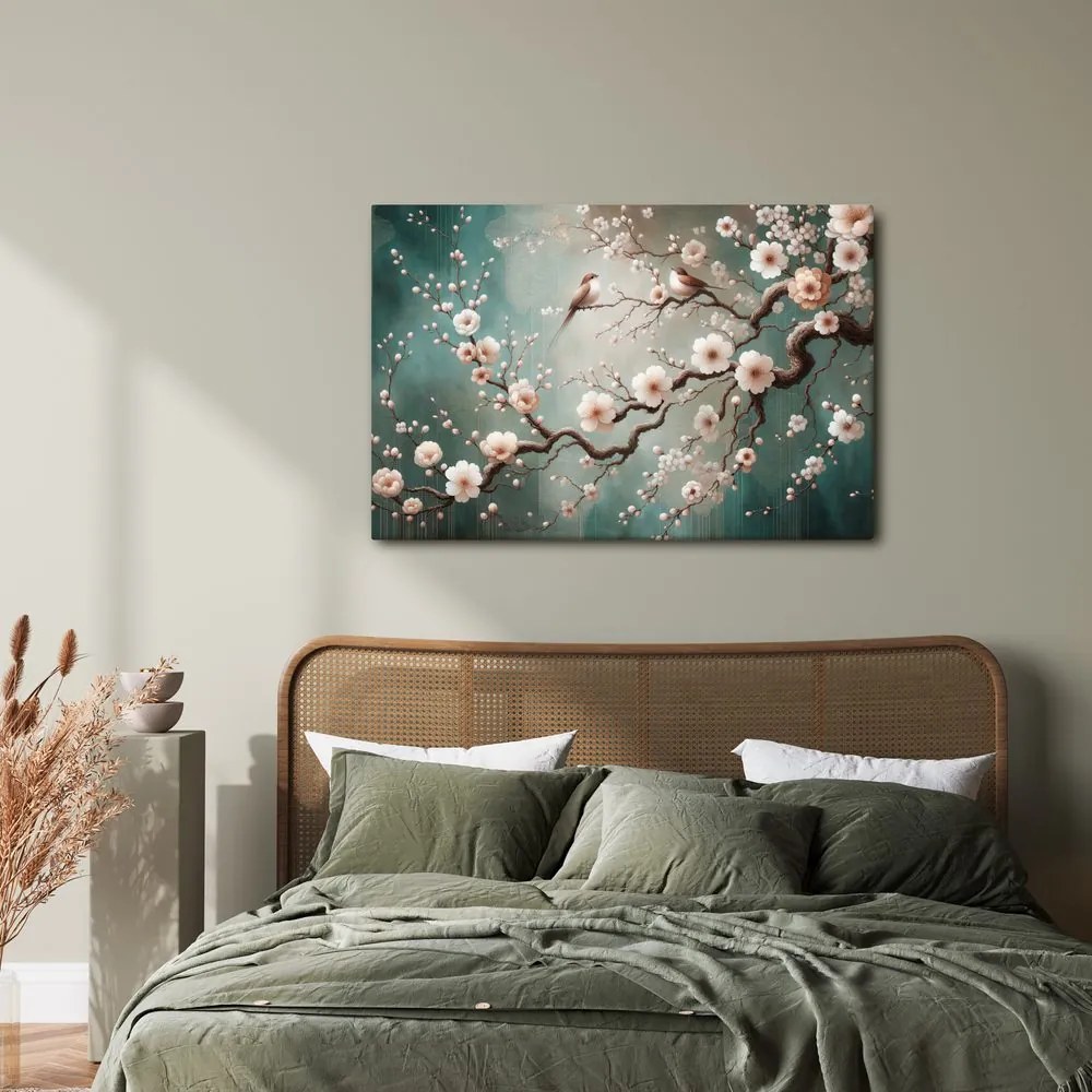 Quadro su tela – Uccellini su ramo di ciliegio