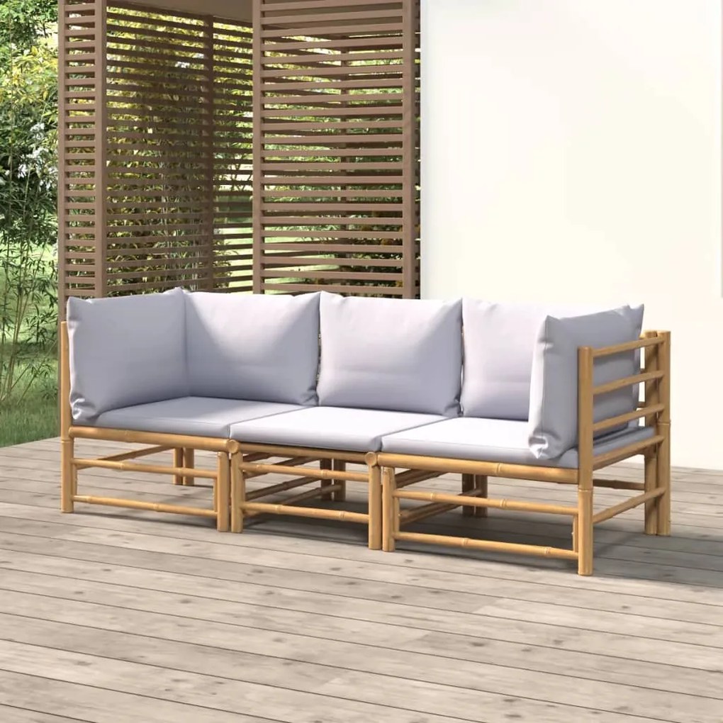 Set Salotto da Giardino 3pz con Cuscini Grigio Chiaro Bambù