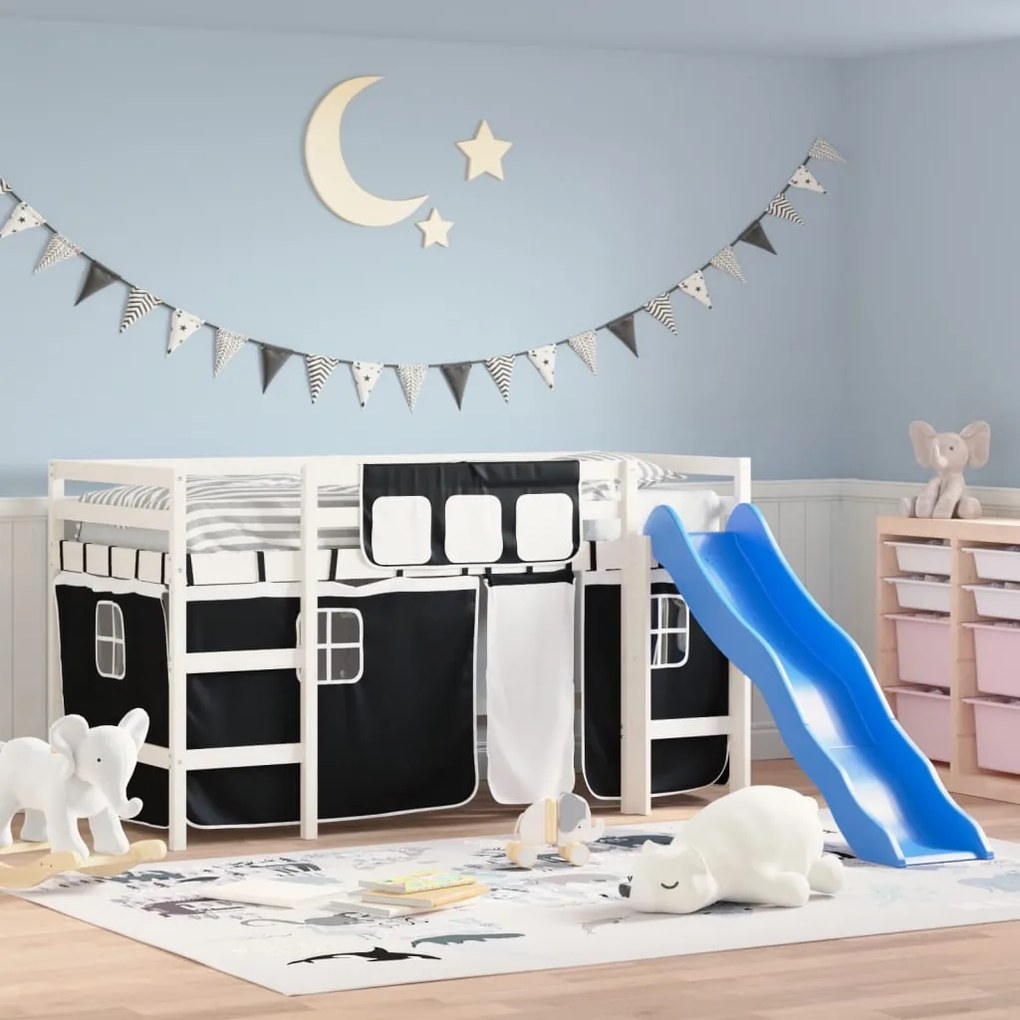 Letto A Soppalco Con Tende Bambini Bianco E Nero 90x200 Cm Pino /