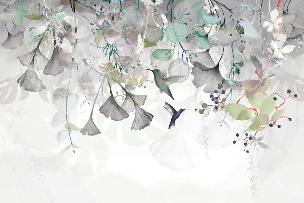 Carta da parati – Foglie con Colibrì in Verde-Grigio