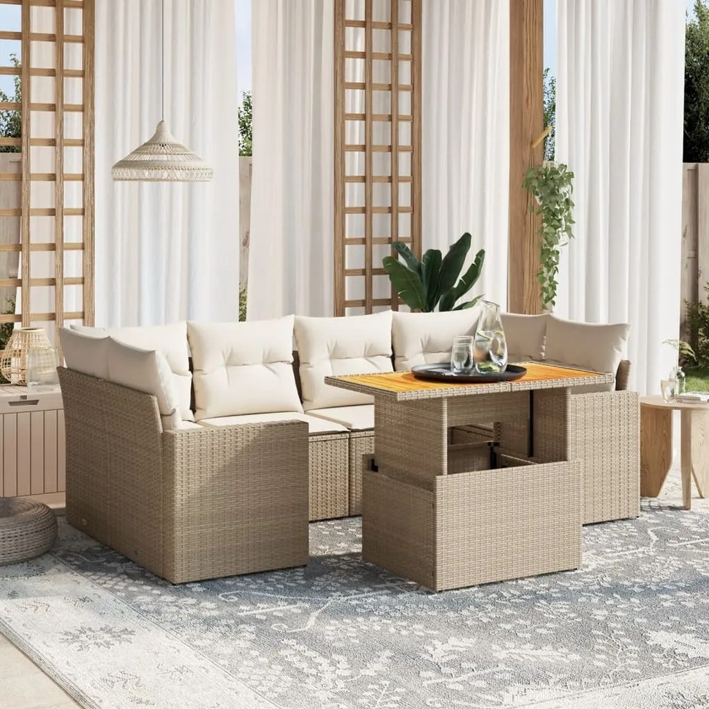 Set divani da giardino 7 pz con cuscini beige in polyrattan