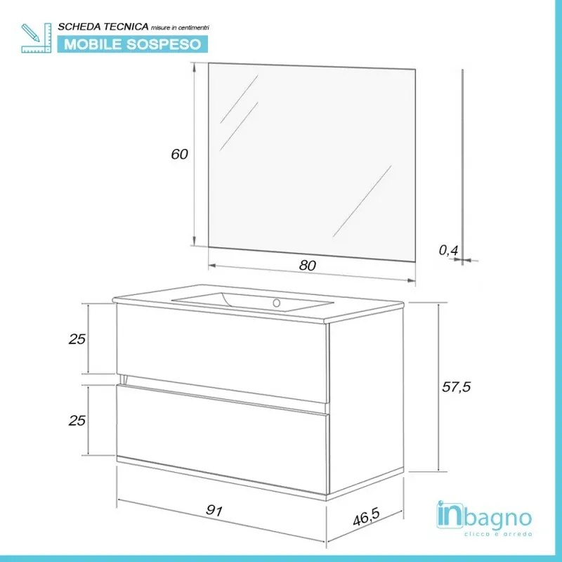 Mobile bagno sospeso 90 cm Duble rovere africa completo di lavabo e specchio