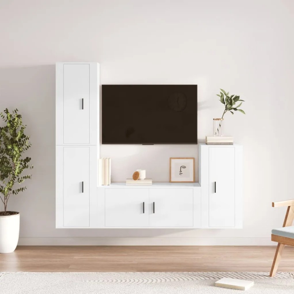 Set Di Mobili Porta Tv 4 Pz Bianco Lucido İn Legno Multistrato /