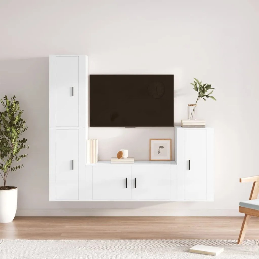 Set di Mobili Porta TV 4 pz Bianco Lucido in Legno Multistrato