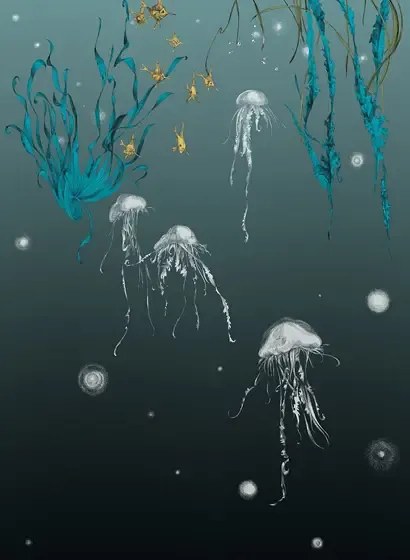 Edmond Petit Carta da parati Nautilus/ Méduses/ Nénuphars - Noir - Méduses droit - Noir