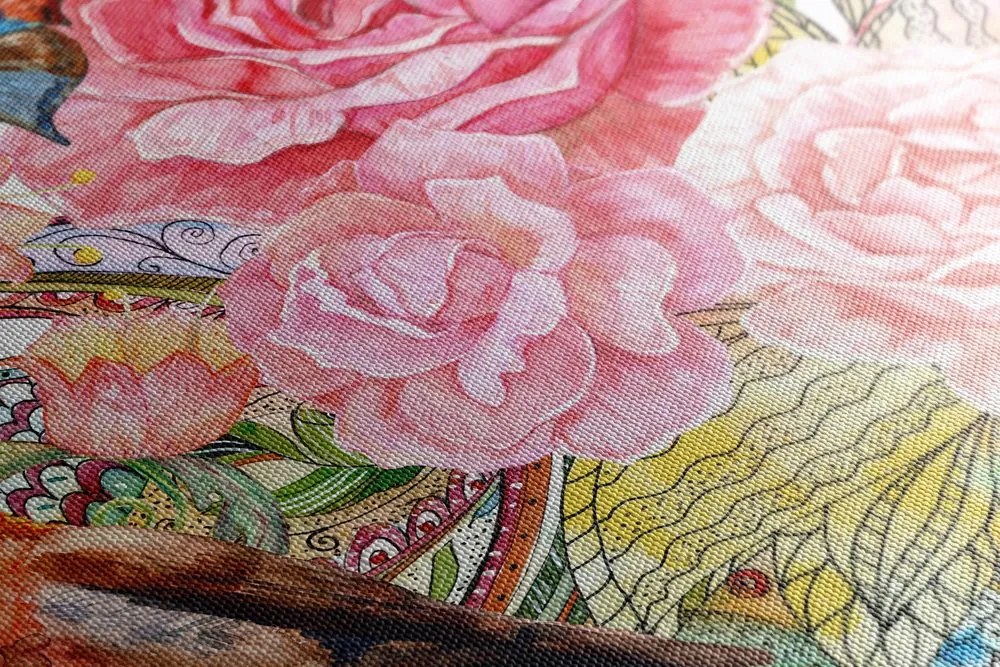 Quadro su tela – Uccellino vintage con fiori