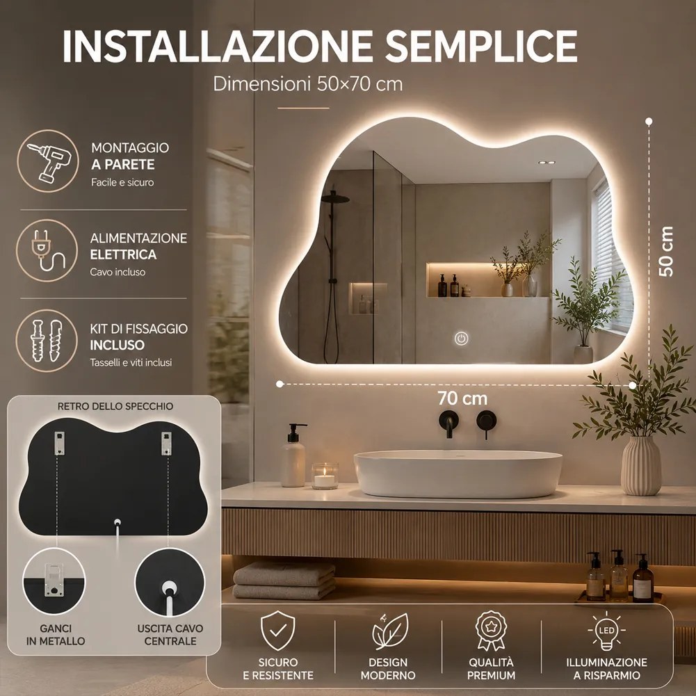 Specchio Nuvola 50x70 cm con LED 3 Colori Dimmerabile con Pulsante Touch...