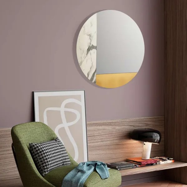 Specchio rotondo 80 cm marmo laminato bianco e foglia oro - THOMAS