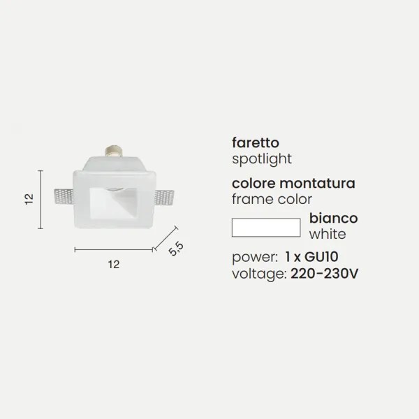 Faretto da incasso quadrato RUMBA in gesso verniciato Bianco 12x12 cm