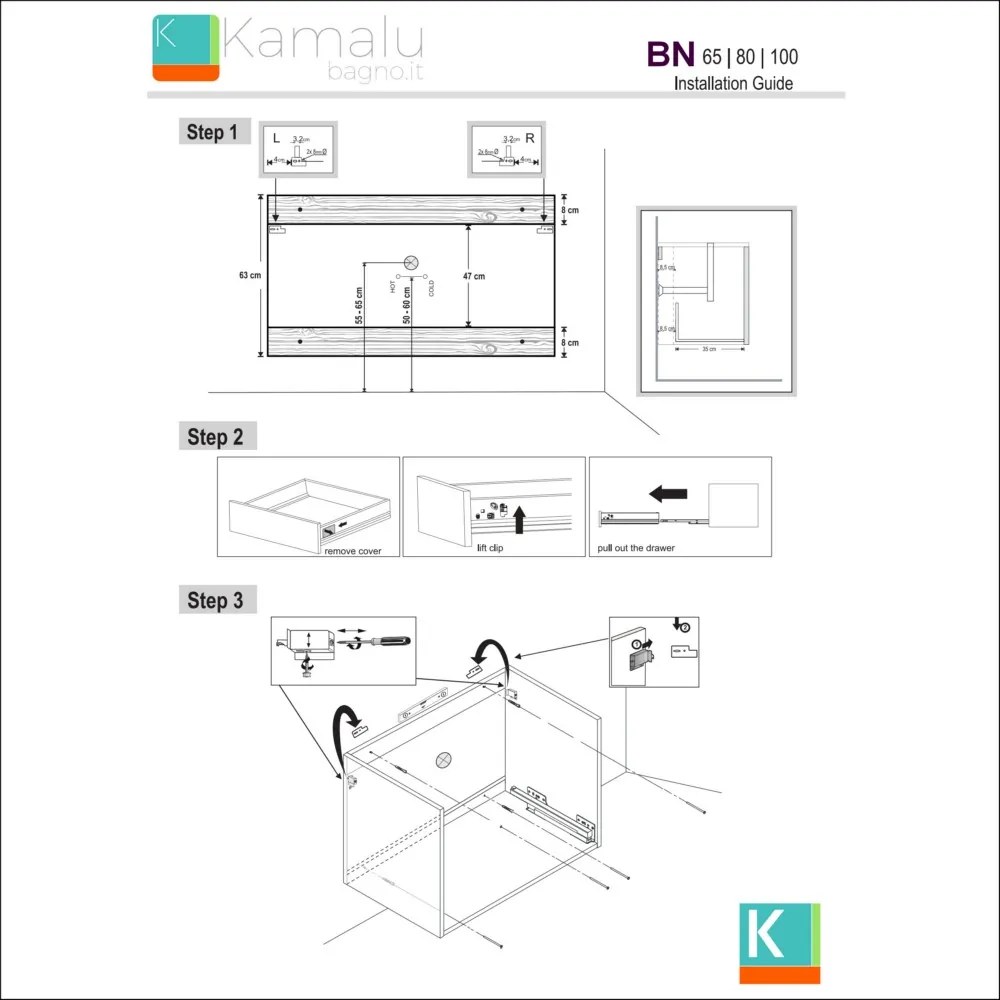 Mobile bagno 65cm sospeso con 2 ante BN-65A - KAMALU