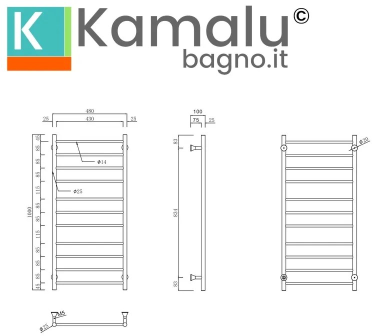 Kamalu - Termoarredo scaldasalviette elettrico colore nero opaco | KAM-TR100N