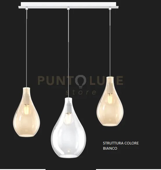 Sospensione bianco 3 luci rettangolare vetri (1 medio trasparente+2...