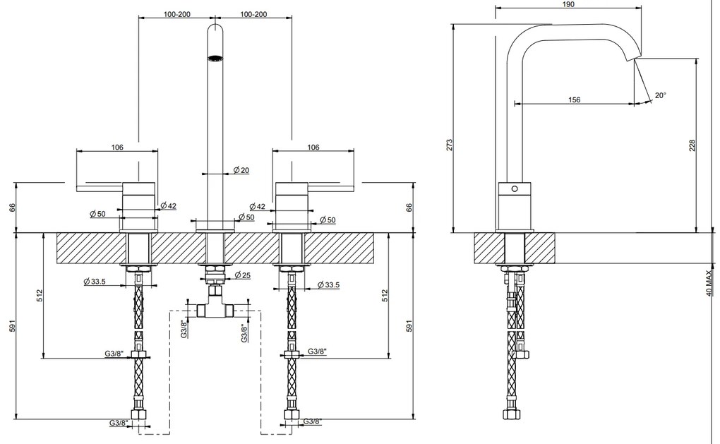 Gruppo lavabo 3 fori alto senza scarico steel brushed flessa 54011 gessi