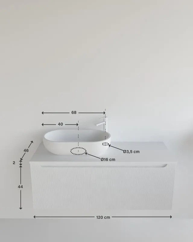 Mobile da bagno sospeso sotto lavabo con top Madero Kimono dx  L 120.5 x H 46 x P 46 cm grigio carbone  cannettato laccato, 1 cassetto
