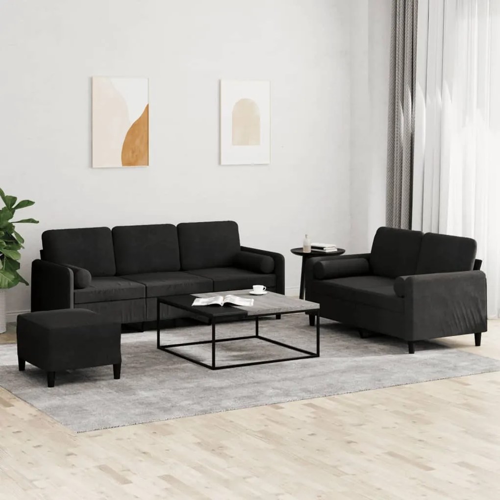 Set Di Divani 3 Pz Con Cuscini Nero İn Velluto /