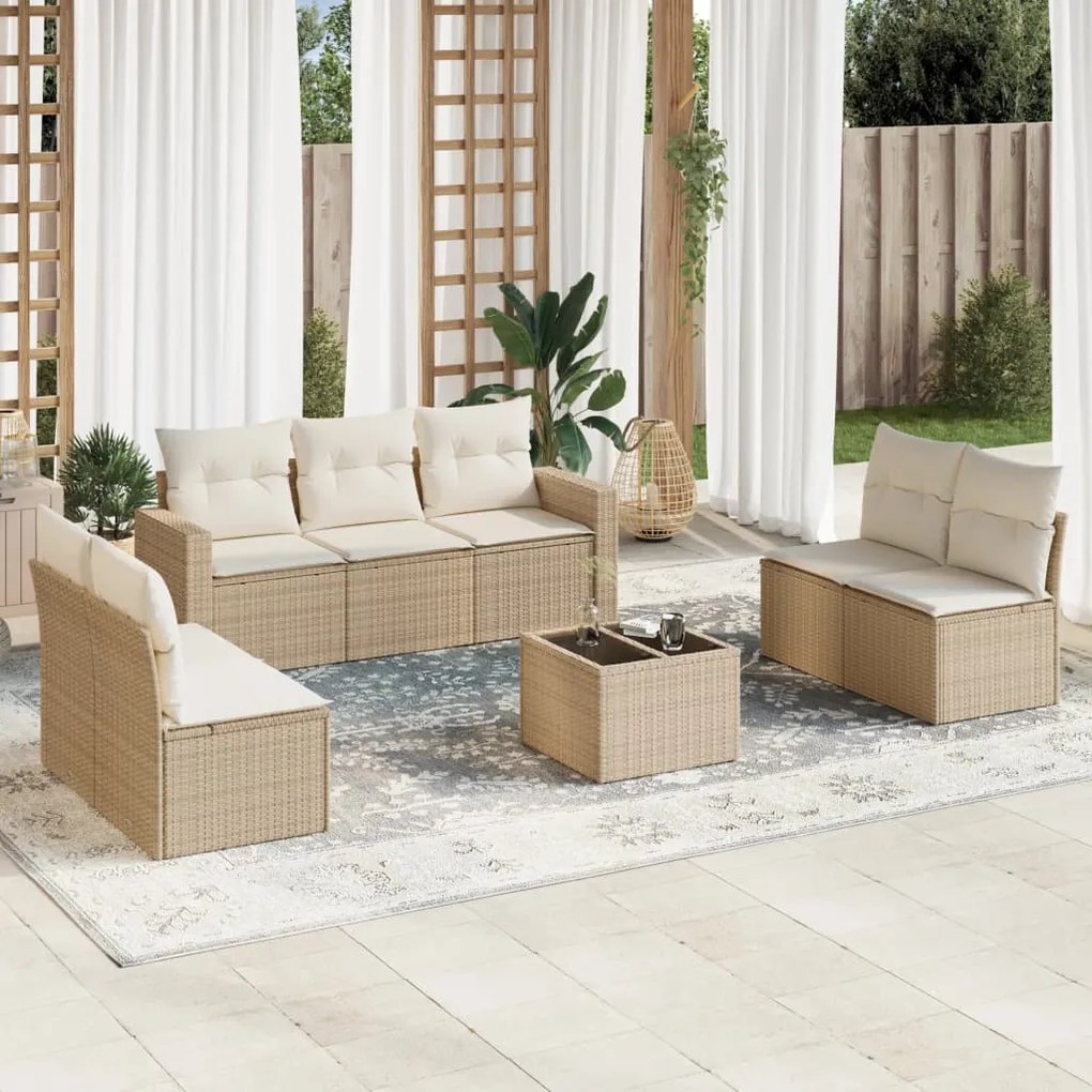 Set divano da giardino 8 pz con cuscini beige in polyrattan