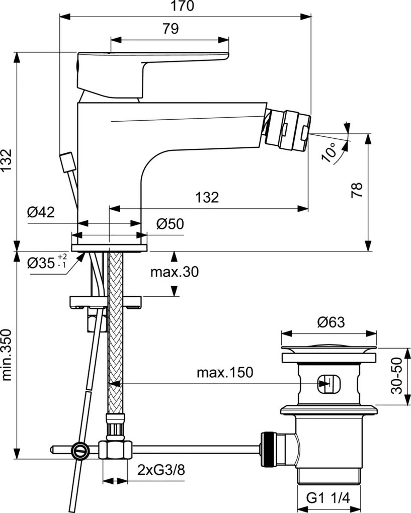 Miscelatore Bidet Con Asta Salterello E Piletta Nero Opaco Cerafine O Bc705xg Ideal Standard