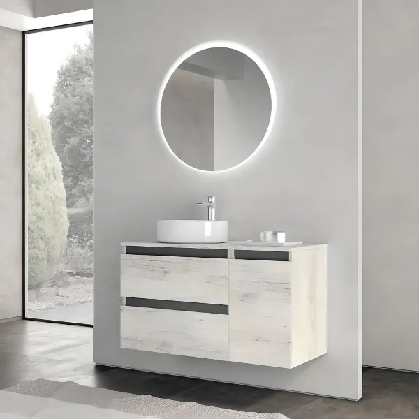 Mobile bagno sospeso Quercia Bianco 90 cm con specchio LED e lavabo - CUBE2