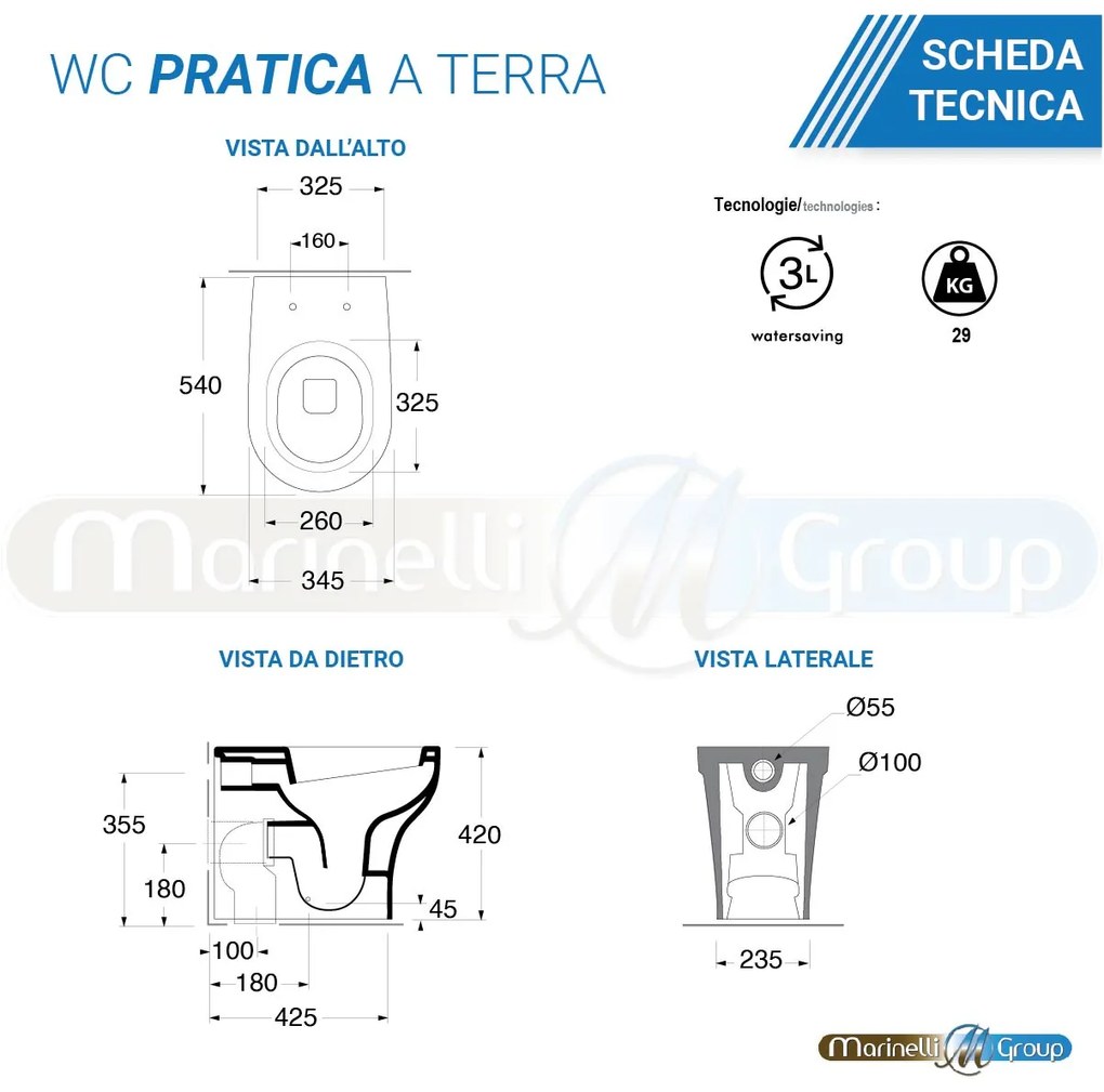 Azzurra Vaso WC a terra filomuro con sedile coprivaso softclose Pratica