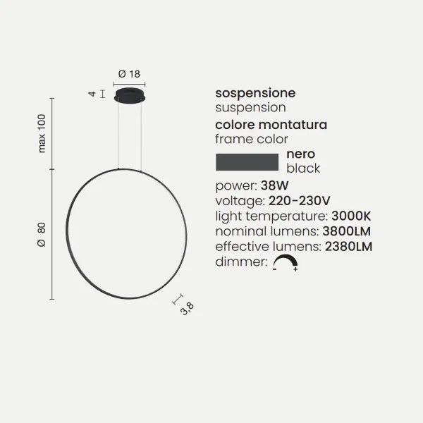 Lampada a sospensione con cerchio verticale in metallo Nero 80 cm NOVA