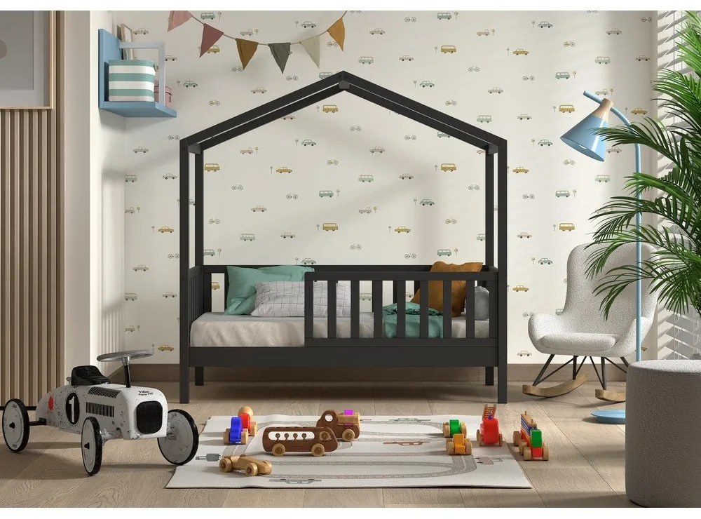 Letto da bambini a forma di casa color antracite in pino massiccio con rete inclusa 70x140 cm DALLAS – Vipack