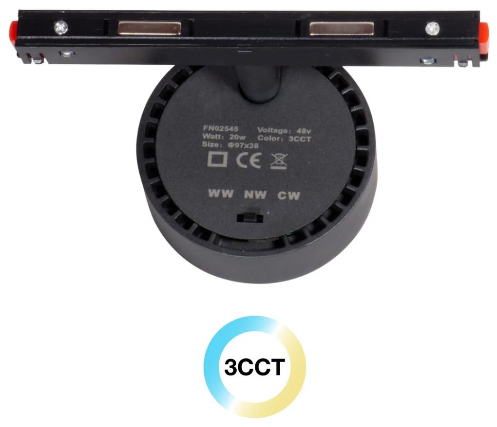 Faro LED 20W Tondo Magnetico CCT CRI92 Nero 48V - BRIDGELUX LED Colore Bianco Variabile CCT