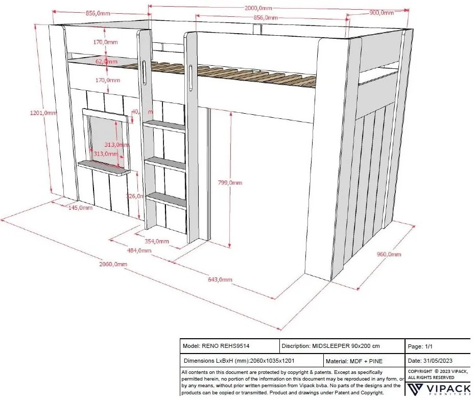 Letto rialzato in pino bianco 90x200 cm RENO - Vipack