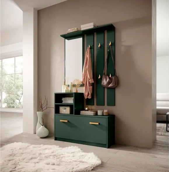 Mobile Da Ingresso  Con Scarpiera Appendiabiti E Specchio Lind Verde