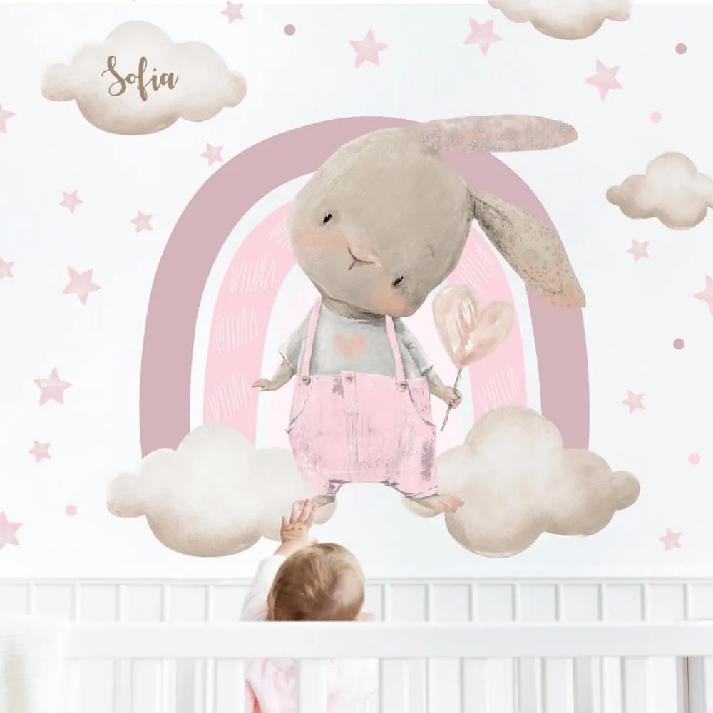 Coniglietto rosa con arcobaleno - adesivi per bambini | Inspio