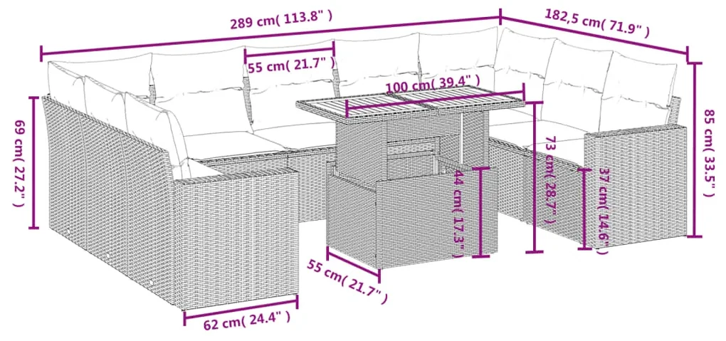 Set divani da giardino 10pz con cuscini in polyrattan nero