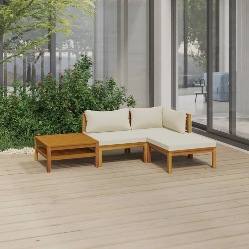 Set divani da giardino 4 pz con cuscini crema in legno acacia