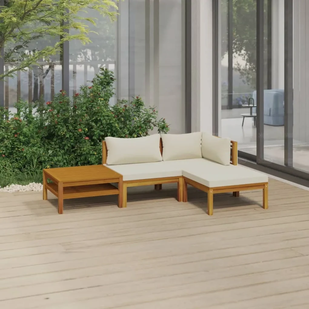 Set divani da giardino 4 pz con cuscini crema in legno acacia