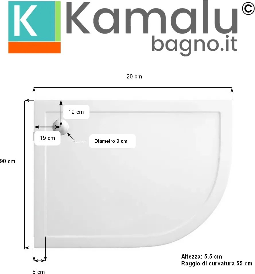 Piatto doccia 120x90 semicircolare versione sinistra KAM-1200 - KAMALU