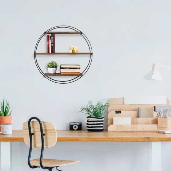 Mensola A Parete Tonda D62 Cm Stile Industrial In Ferro E Legno Naturale Tulipa