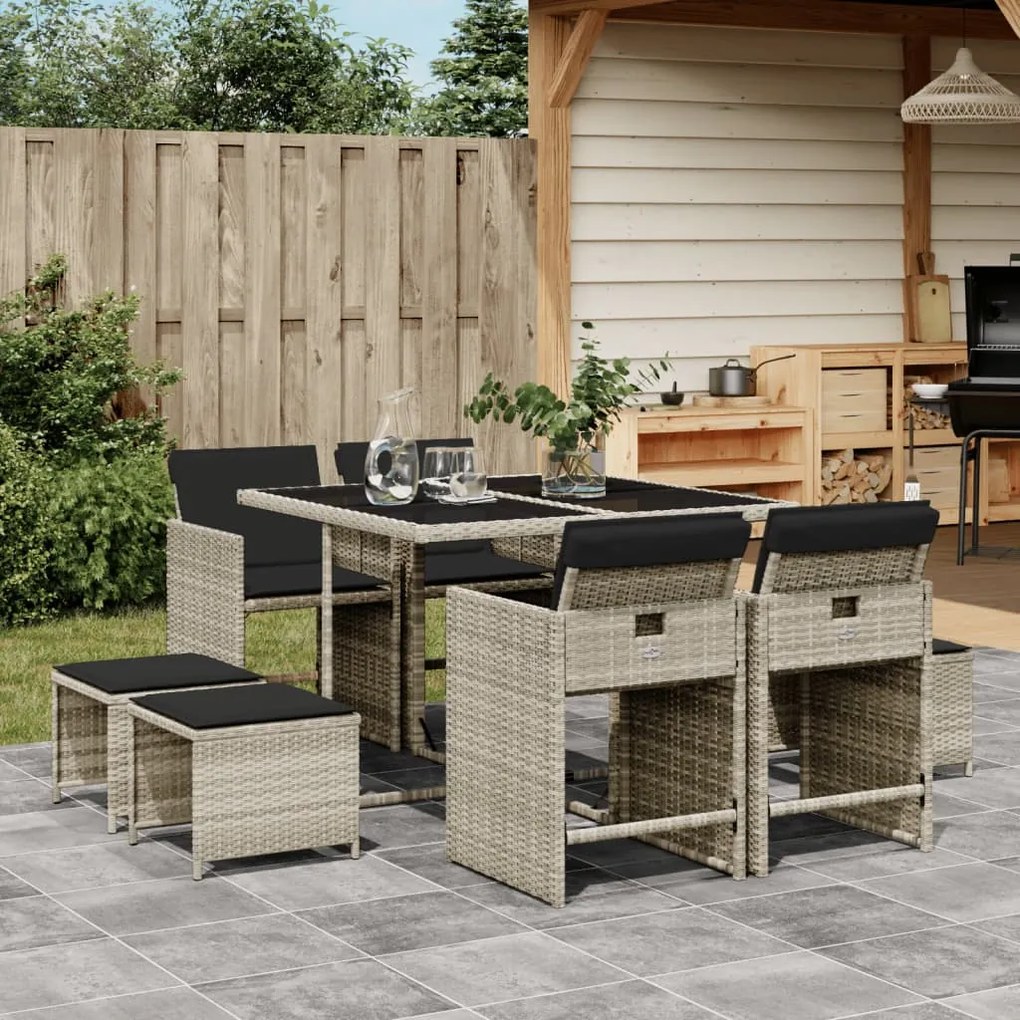 Set pranzo da giardino 9pz con cuscini grigio chiaro polyrattan