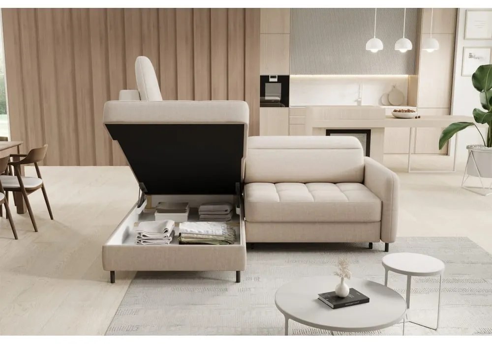 Divano angolare beige allungabile/con contenitore (con penisola a sinistra/a L) e rivestimento in velluto Barea – ELTAP