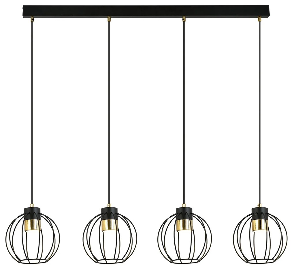 Sospensione Minimal Orfeo 4 Luci In Acciaio Nero A Paralumi Gabbia Con Oro